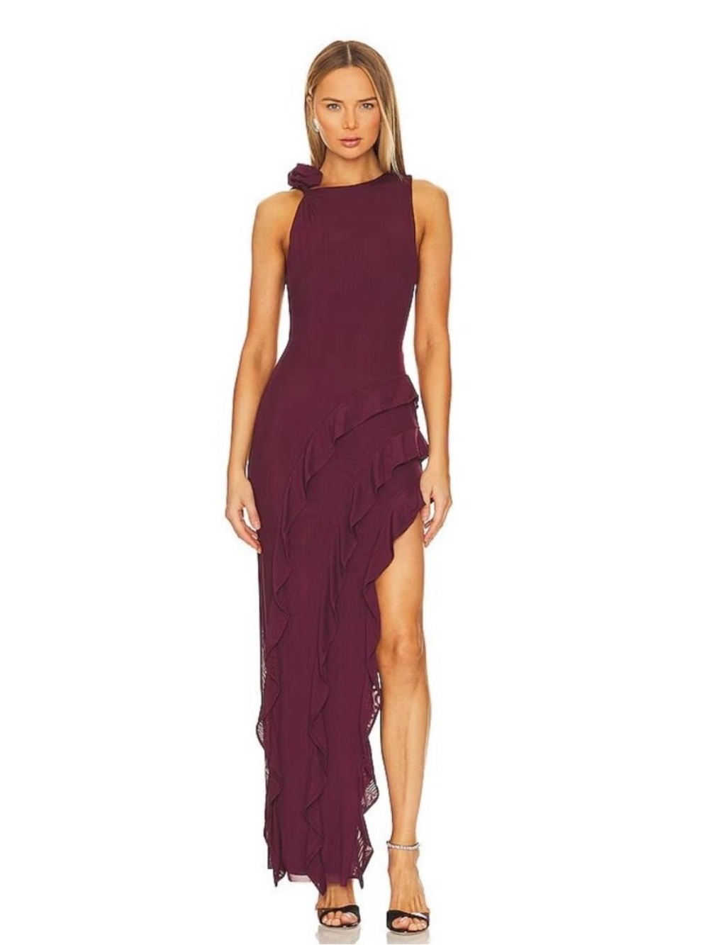 AFRM revolve burgundy ruffle maxi dress